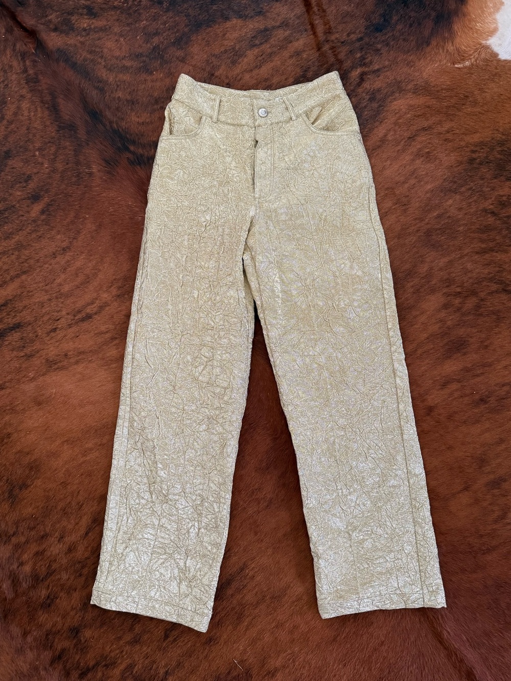 Zara Metallic Gold Textured Straight-Leg Pants